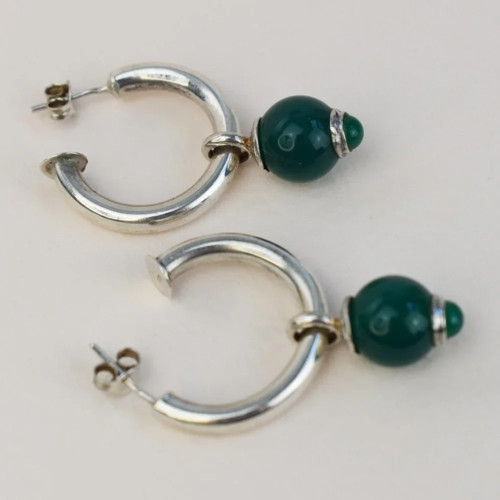 Forest green charm hoop earrings sterling silver, basic medium chunky hoop studs